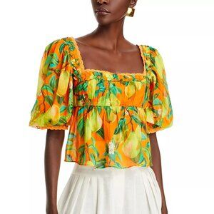 150$ FARM Rio Square Neck Allover Chic Pears Blouse Top Size XS Med Orange